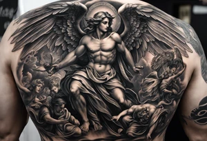 Full Back Piece Depicting The War Between Angels Above And Demons Below