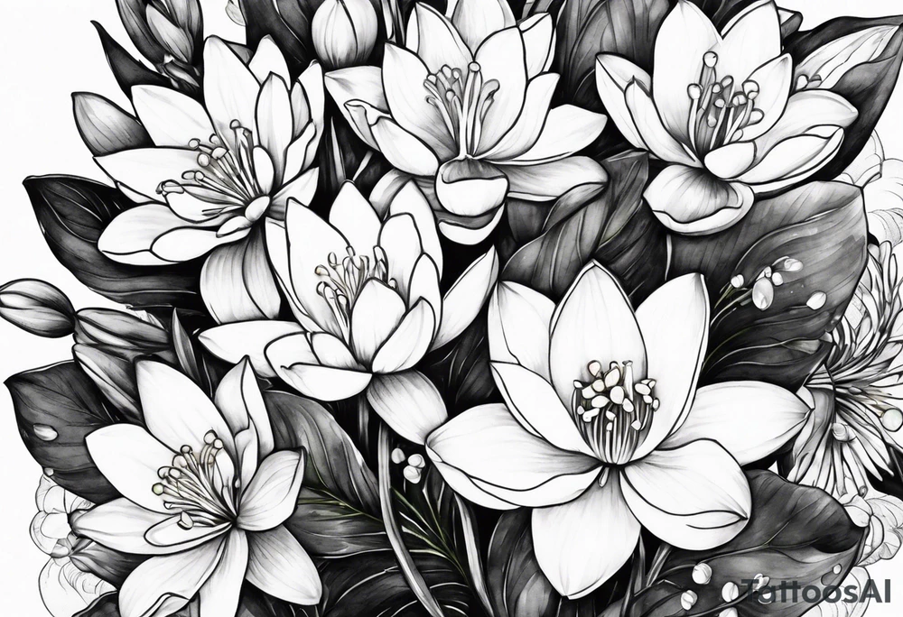Water Lily, Lily of the Valley, Narcissus, and Gladiolus flower bouquet tattoo idea
