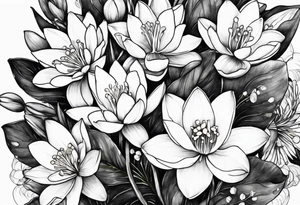 Water Lily, Lily of the Valley, Narcissus, and Gladiolus flower bouquet tattoo idea