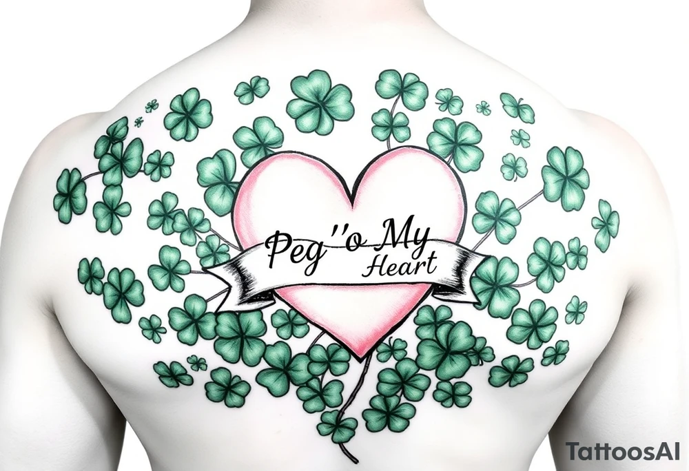 A ton of green shamrocks with a big pale pink heart with a banner across the heart that says Peg 'o My Heart tattoo idea