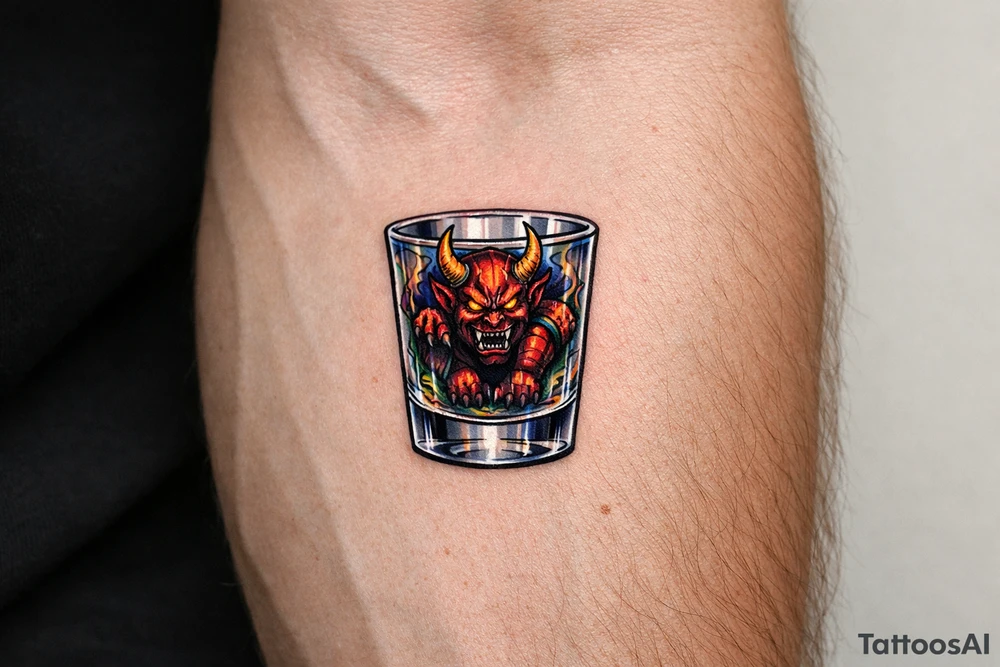 A small, detailed demon trapped within a clear shot glass. tattoo idea