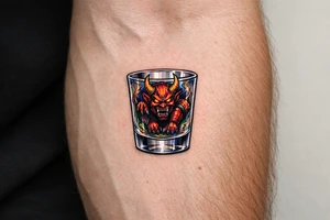 A small, detailed demon trapped within a clear shot glass. tattoo idea