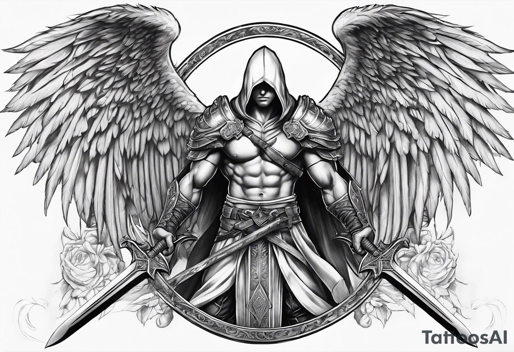 Arch angel hood fighting sword male full body heavenly tattoo idea