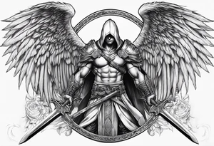 Arch angel hood fighting sword male full body heavenly tattoo idea