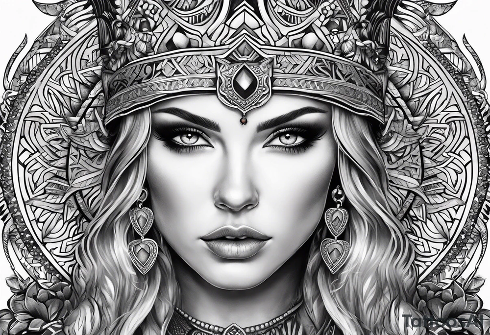 Viking, feminine warrior, mandala, bedroom eyes, headshot tattoo idea