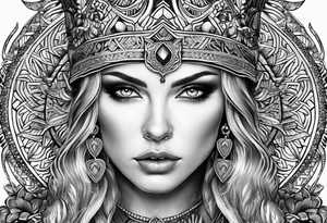 Viking, feminine warrior, mandala, bedroom eyes, headshot tattoo idea