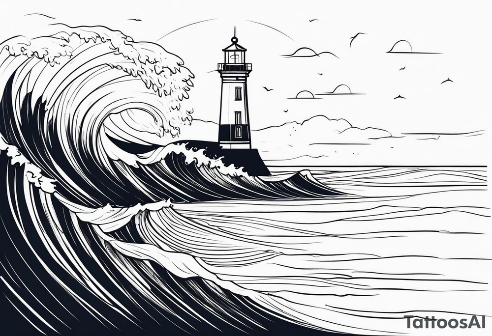 lighthouse in very fine line with a rough sea tattoo idea