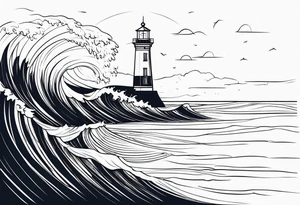 lighthouse in very fine line with a rough sea tattoo idea