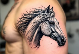Wild Mustang in Motion – A gray dappled horse with windswept mane, head slightly turned as if mid-gallop, colored in soft grays, dark browns, and dusty whites. tattoo idea