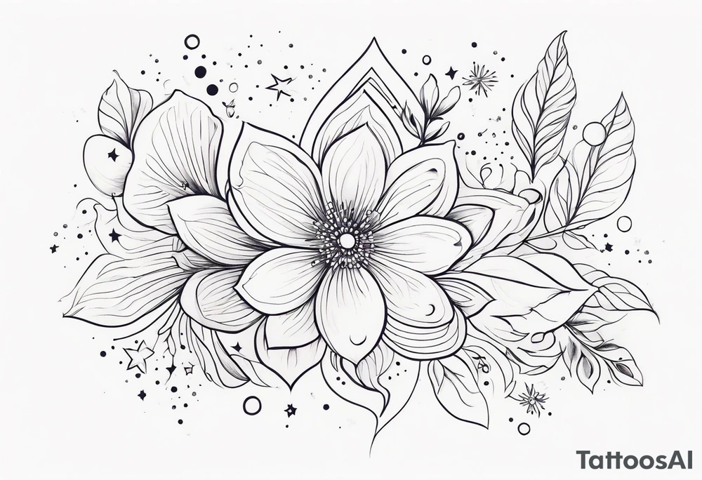 fine line floral with stars, swirls, dots tattoo idea