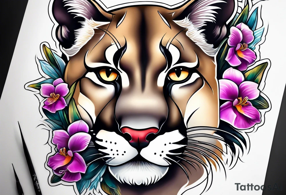Mountain lion with orchids tattoo idea