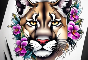 Mountain lion with orchids tattoo idea
