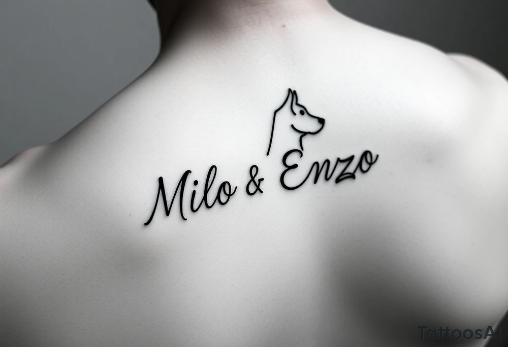 minimal ling line dog lover tattoo , dogs name in cursive Milo and Enzo spine tattoo tattoo idea
