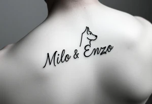 minimal ling line dog lover tattoo , dogs name in cursive Milo and Enzo spine tattoo tattoo idea