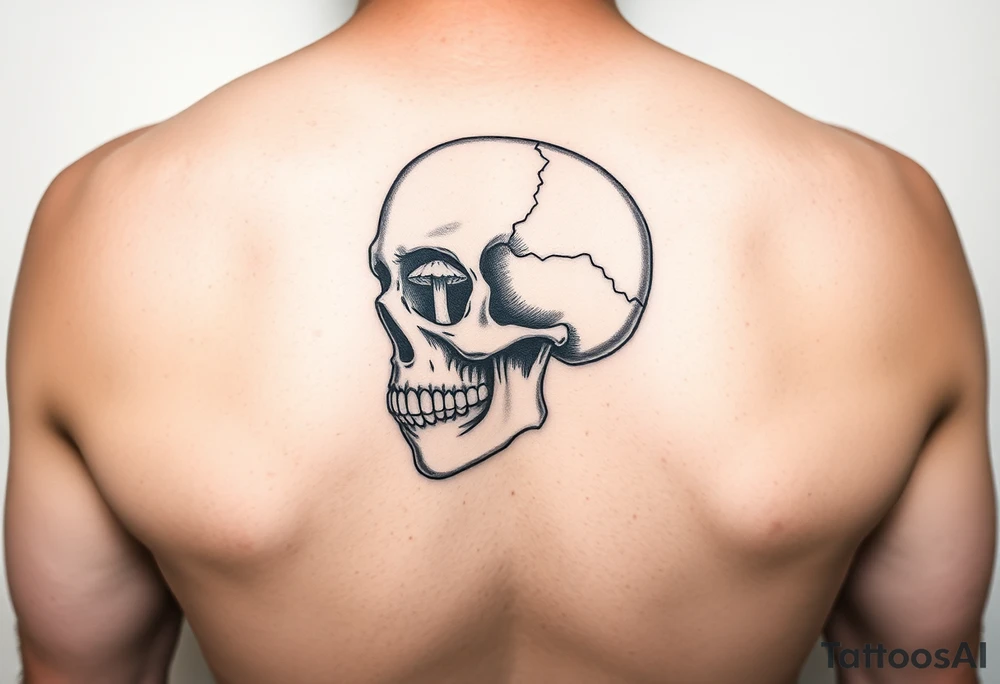 right side of a skull with mushroom out of its eyes tattoo idea