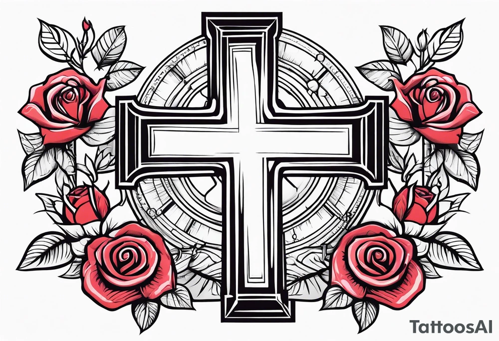 Cross with roses and bible verse tattoo idea