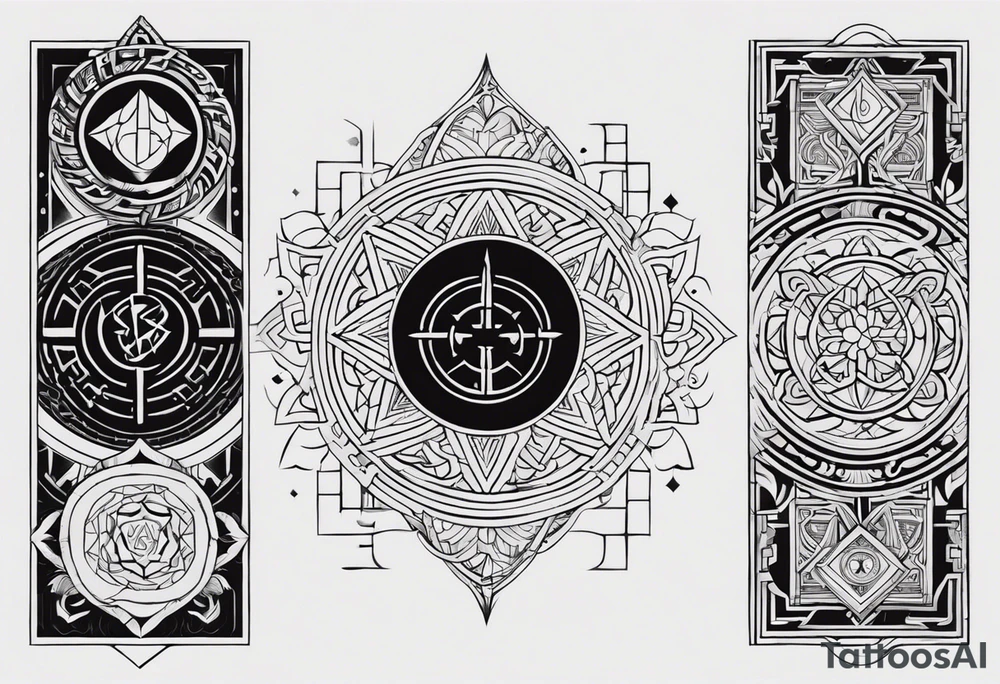 A half-and-half tattoo design, where one half features intricate geometric and mystical symbols inspired by Doctor Strange, with detailed line work or tribal patterns. The other half could integrate another element, such as a philosophical word from Asian languages, adding depth and personal meaning. The design balances mystical symbols with reflective, life-oriented themes tattoo idea