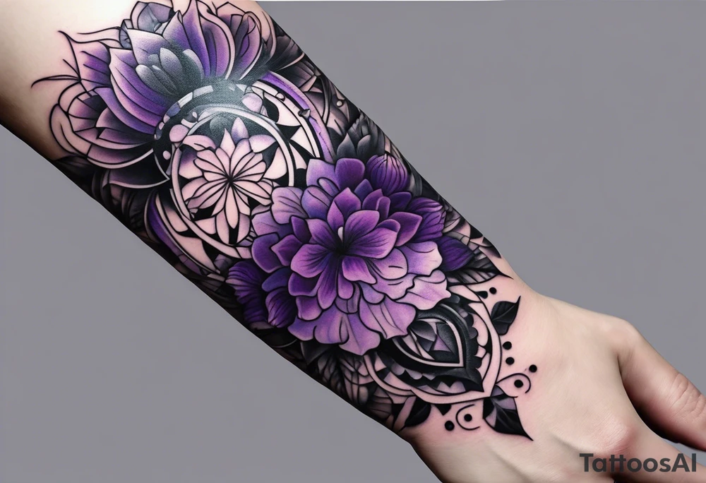 lines around wrist, abstract, black and purple, covered from wrist to forearm, fully covered, no borders, blackwork, no faces tattoo idea