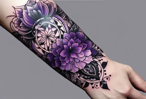 lines around wrist, abstract, black and purple, covered from wrist to forearm, fully covered, no borders, blackwork, no faces tattoo idea