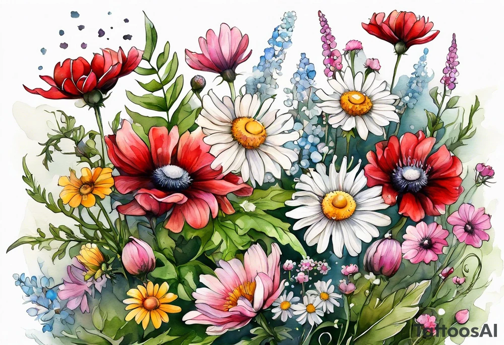 wildflowers cascading with thistles, ferns, white anemones, sun flowers, buttercups, pink flowers, red flowers, babys breath and daisies all in watercolor tattoo idea