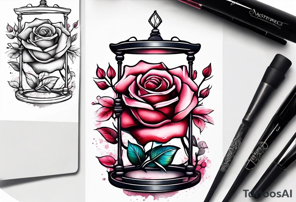 Rose beside hourglass with sakura tree inside tattoo idea