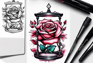 Rose beside hourglass with sakura tree inside tattoo idea