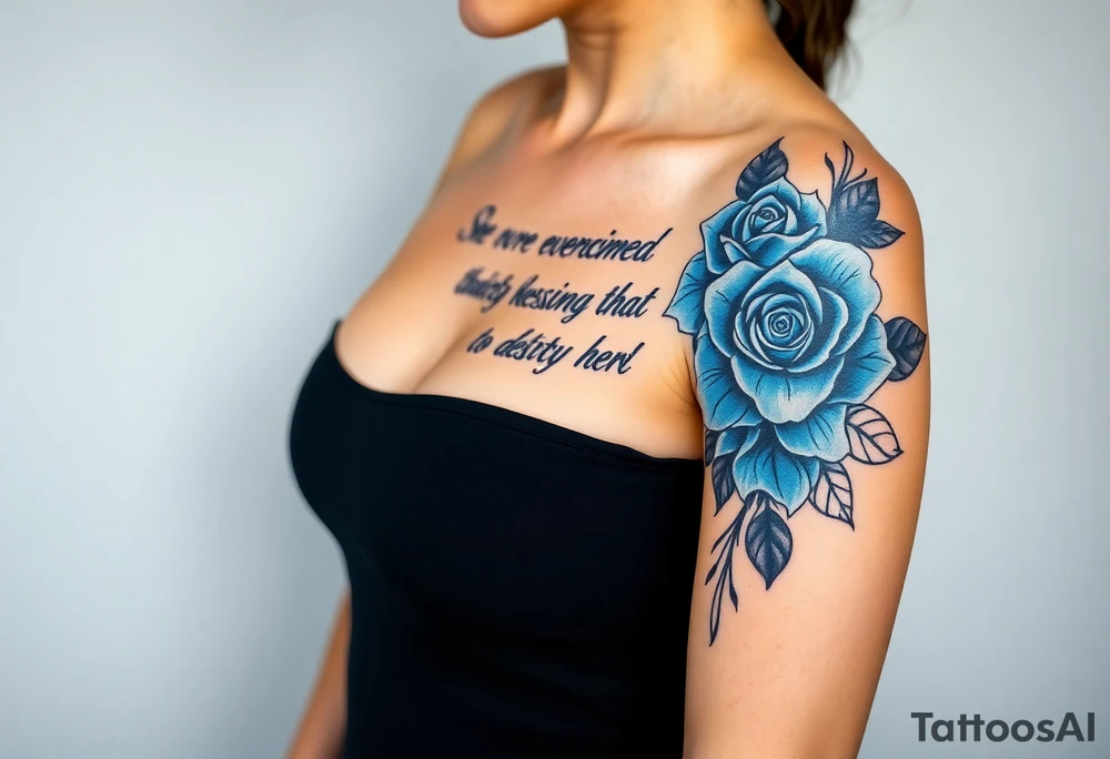 blue roses with the quote She overcame everything that tried to destroy her tattoo idea