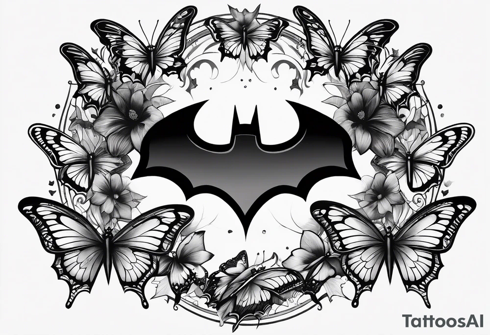 Batman symbol with butterflies dragonballs all around it for a forearm tattoo tattoo idea