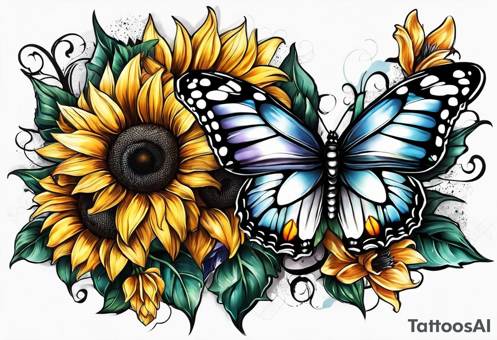 Arm sleeve with sunflowers and butterflies tattoo idea