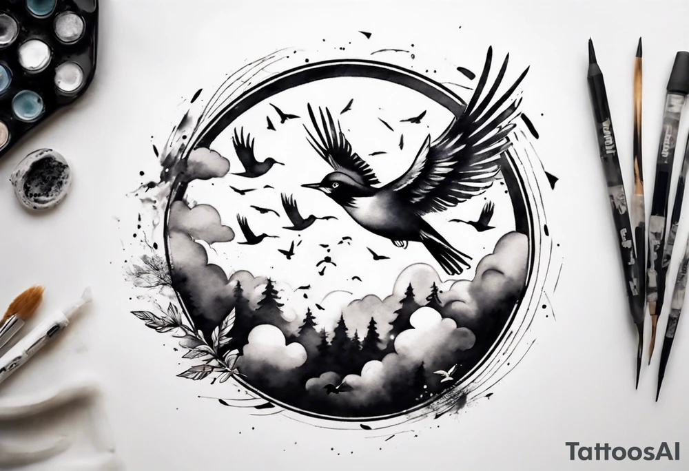 shoulder tattoo with light rays with birds flying free among the clouds, round shape, 3d effect tattoo idea shoulder tattoo with light rays with birds flying free among the clouds, round shape, 3d effect tattoo idea