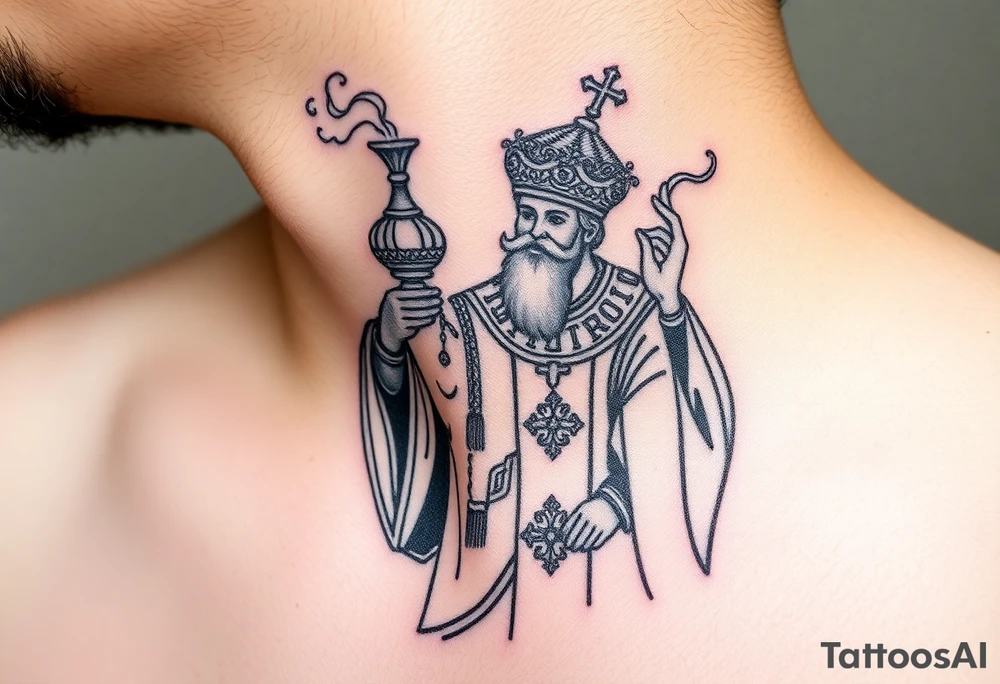 Russian Orthodox Priest in a fully detailed gold vestment swinging a censer with smoke curling upward tattoo idea