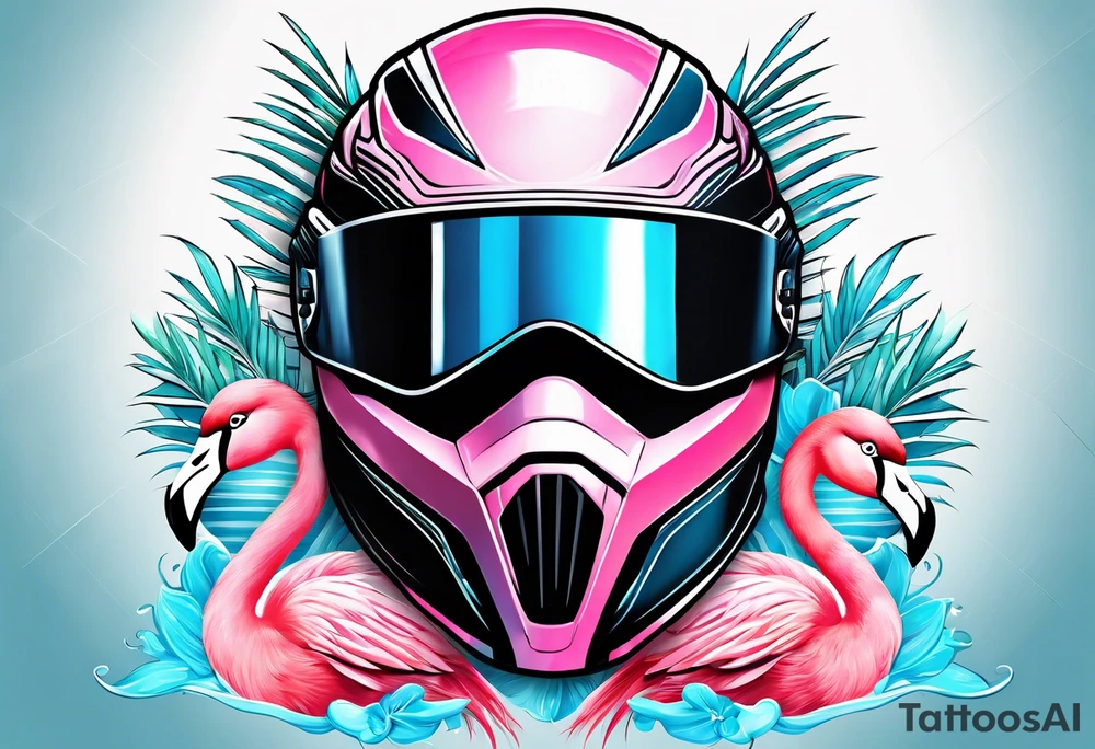 formula 1 helment with a palm tree a flamingo and black light blue and pink colors tattoo idea