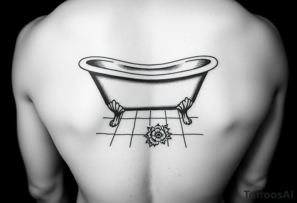 clawfoot bathtub with visible tile bathroom floor and a small bouquet of flowers on the floor tattoo idea