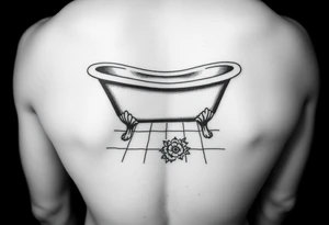clawfoot bathtub with visible tile bathroom floor and a small bouquet of flowers on the floor tattoo idea