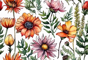 wildflowers with thistles, ferns, burnt orange flower, white flowers, pink flowers, red flowers and yellow flowers all in watercolor tattoo idea