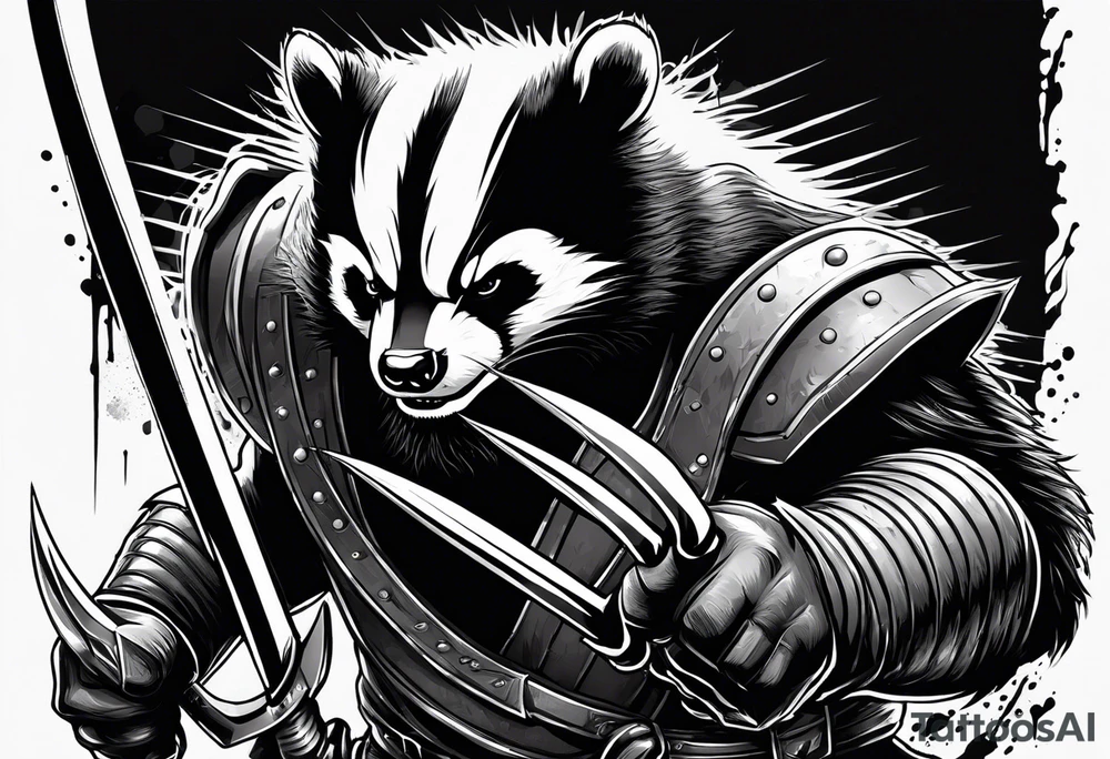Draw me badger/wolverine with aggressive full body show, killer face with cute smile, very long nails and he attacks like a Turkish gladiator to enemy and also he has very deadly looking. The only weapon is his braveness he fights with his nails. tattoo idea
