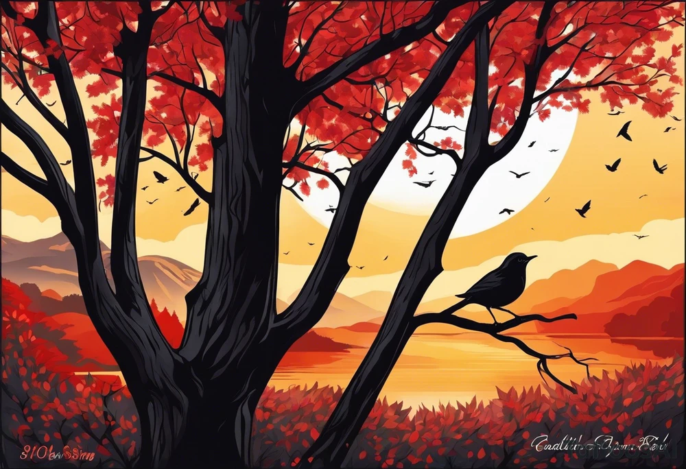 Arm tattoo. Long tattoo. Full sleeve. Shoulder. A single large maple tree with red autumn leaves that branches upwards from wrist to shoulder. White-throated dipper bird on the trees branches. Calluna flowers at the base of the trees stem. Tree stem has dark colors. Red/yellow sunset behind the trees stem. Leaves falling. tattoo idea
