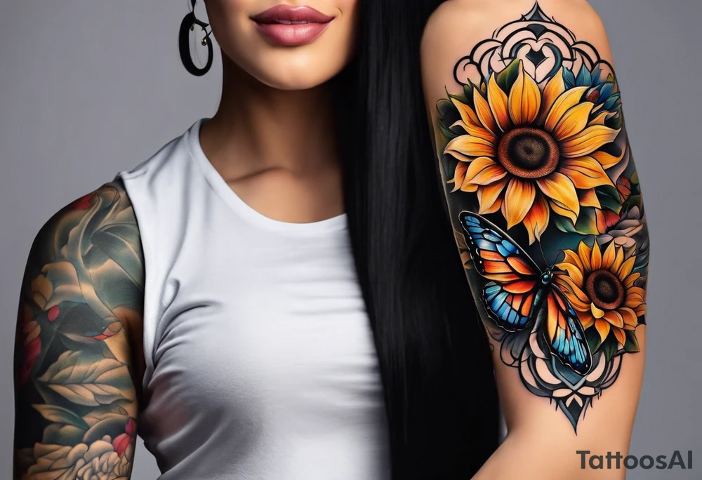 Arm sleeve with sunflowers and butterflies tattoo idea