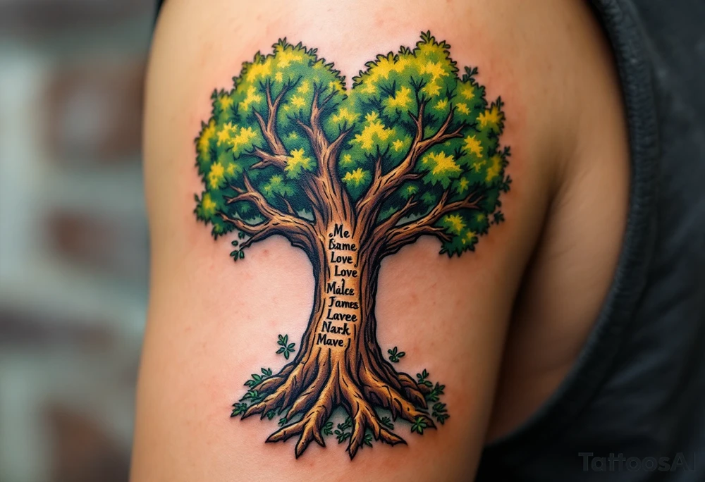 Heart-Shaped Tree with Names in the Bark – A tree whose trunk and branches form a heart shape, with sepia-toned bark engraved with names or dates. tattoo idea
