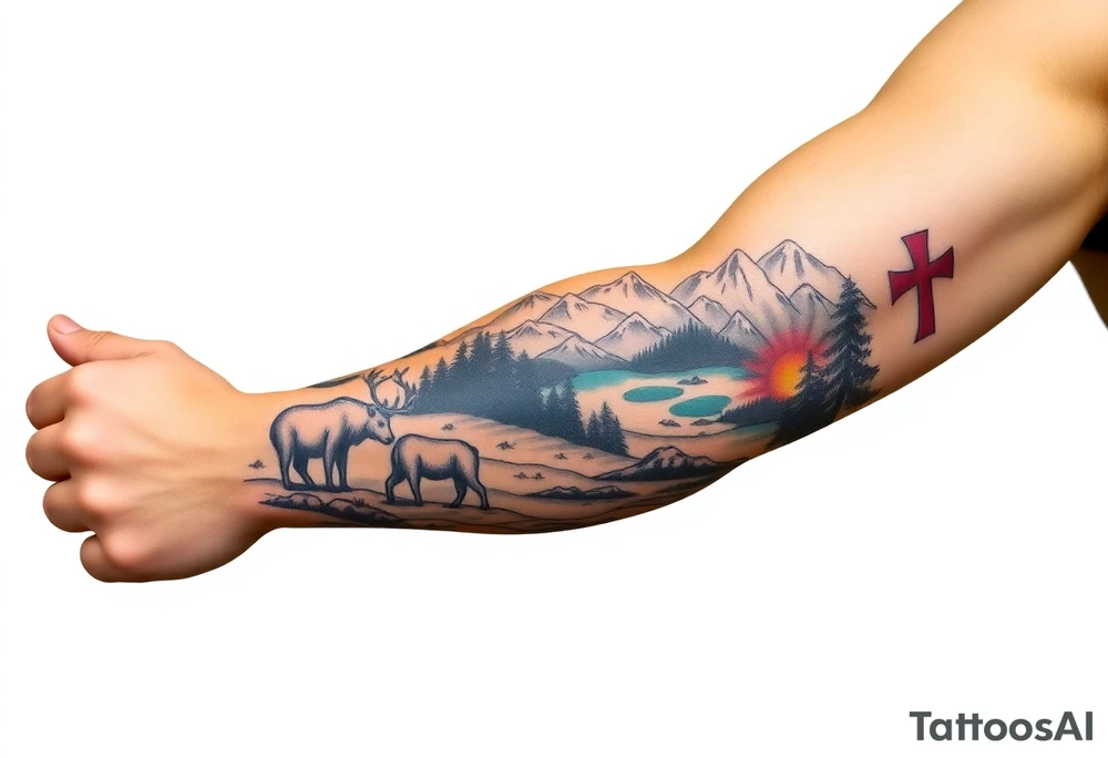 A full-sleeve with the Härjedalen landscape, reindeer, bear, lakes, mountains (Helags), cross and Härjedalen's coat of arms on the hand tattoo idea