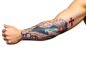 A full-sleeve with the Härjedalen landscape, reindeer, bear, lakes, mountains (Helags), cross and Härjedalen's coat of arms on the hand tattoo idea