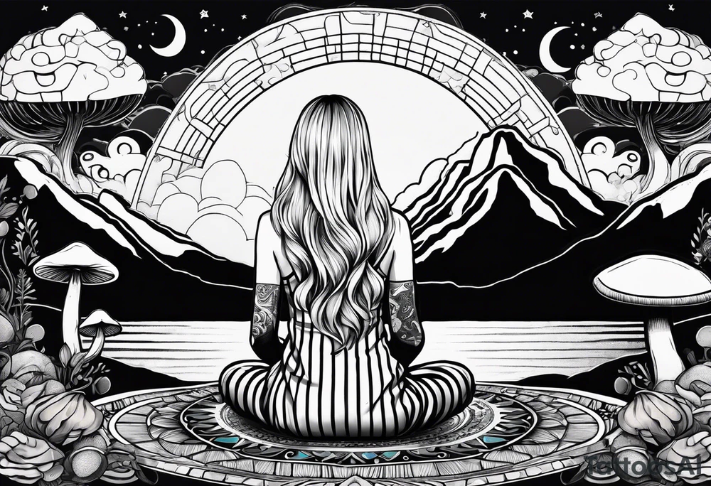 Straight blonde hair girl meditating facing away toward mountains surrounded by mushrooms crescent moon mandala circular design black and white striped dress tattoo idea