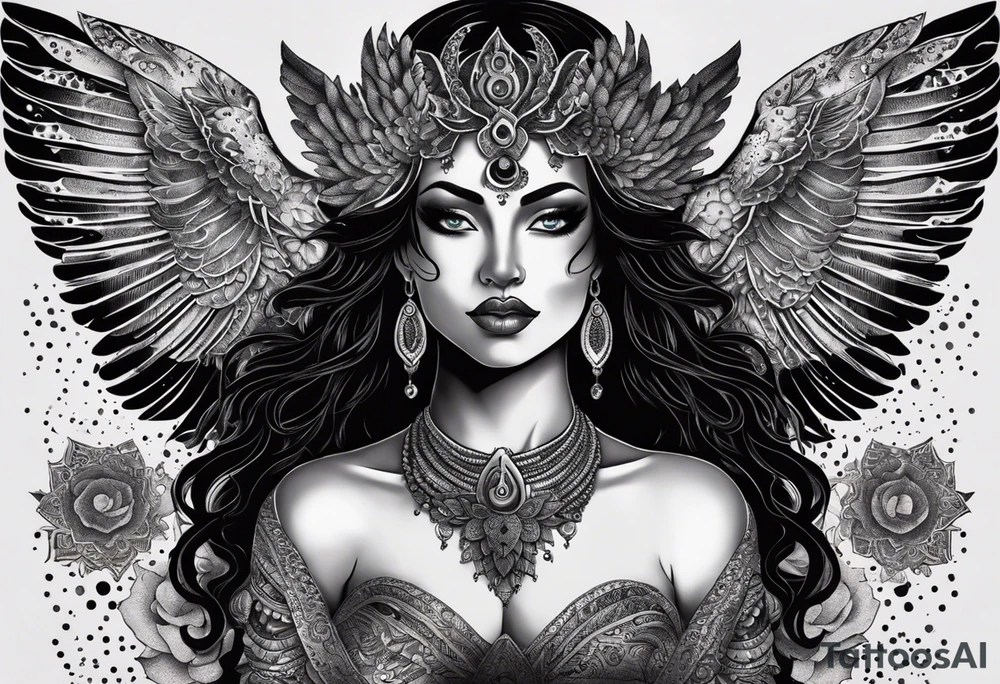 black kali, goddess pirate, alien, angel, pachamama, valkrye, warrior, flying, skull, lotus azul, wing, eagle, zenza resonance, stars, 5D, anahata chakra, death, durga, riding on a tiger, flying lady, kundalini, chest tatoo, samuri, rebel,serpent tattoo idea