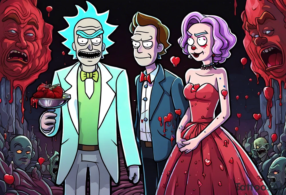 Rick and morty style cartoon with Stephen king’s Carrie in a prom dress covered in blood looking happy standing next to Stephen king’s pennywise in a 70s prom suit looking happy standing together in a prom photo pose tattoo idea
