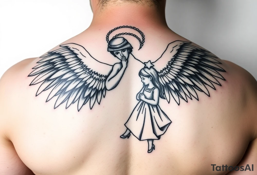 Male Angel watching over daughter in military tattoo idea