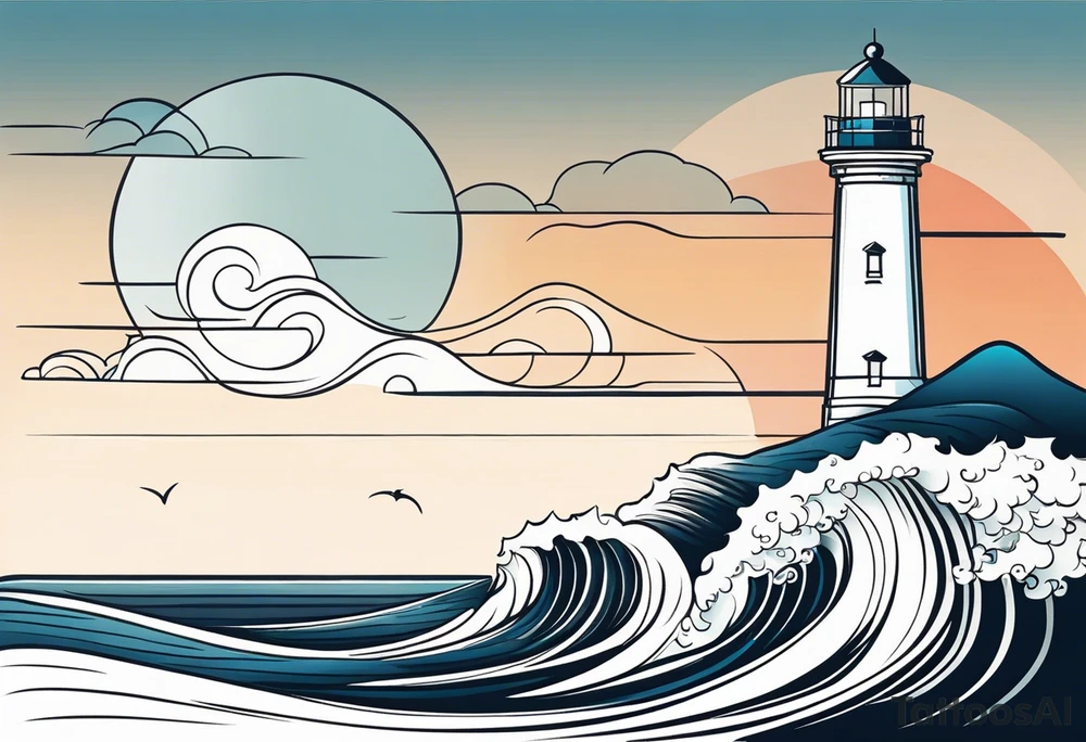 lighthouse at the ocean and waves, VERY minimalist, fine line great colored tattoo idea