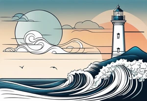 lighthouse at the ocean and waves, VERY minimalist, fine line great colored tattoo idea