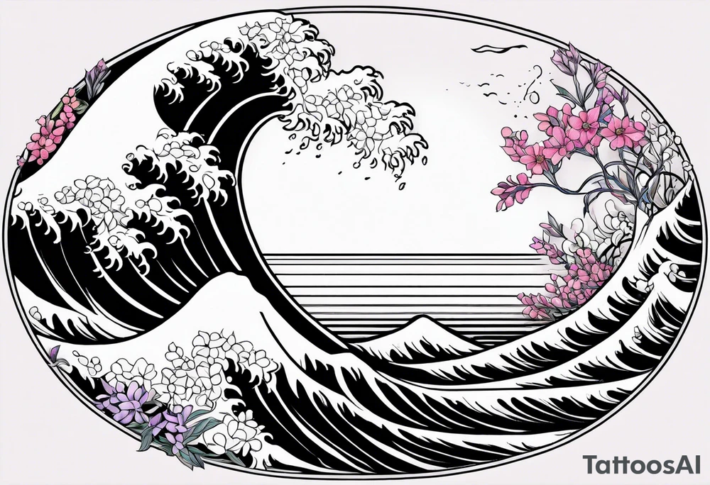 ocean wave surrounded by lupin and fireweed vines tattoo idea