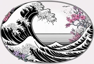 ocean wave surrounded by lupin and fireweed vines tattoo idea