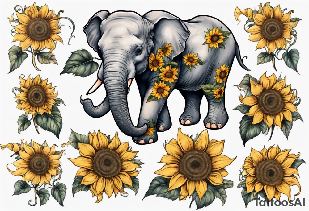 Sitting young elephant with trunk raised in air with sunflowers around it tattoo idea